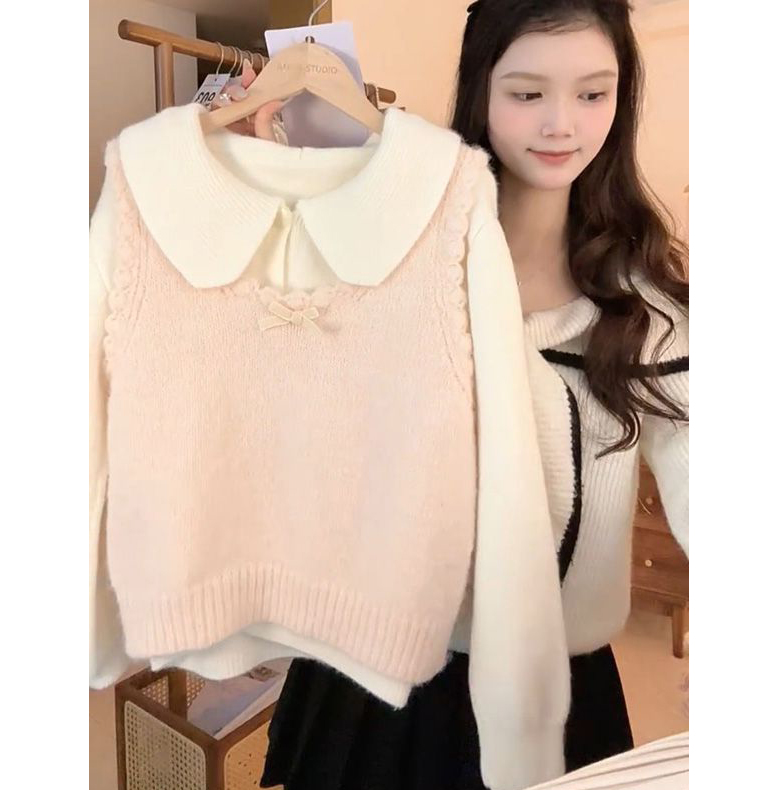 粉色蝴蝶结针织马甲背心女针织衫