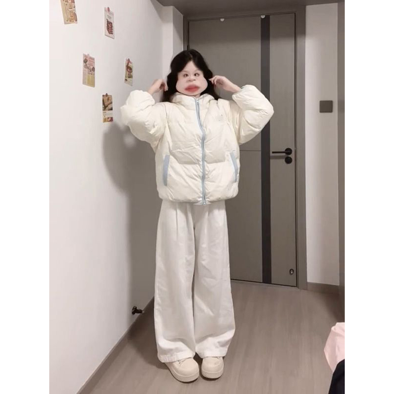 氛围感设计蓝白撞色连帽棉服外套女冬新款宽松百搭拉链休闲面包服