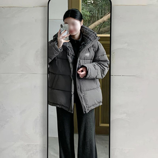 学院风高级时尚灰色格纹拼接立领棉服外套女冬天保暖宽松加厚棉衣