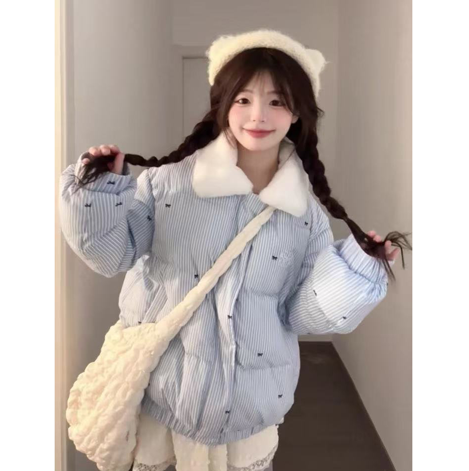 多巴胺毛绒绒撞色条纹蝴蝶结印花棉服外套女冬季新款百搭保暖棉衣