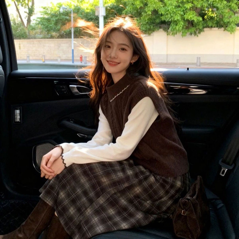 法式气质温柔风美拉德咖色假两件针织毛衣+高腰格纹半身裙两件套,女装/女士精品,时尚套装,淘宝优惠券,粉丝福利购,淘宝优惠卷