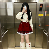 冬季 上衣女搭配红色假两件裙裤 新款 韩系圣诞甜美氛围感翻领针织衫