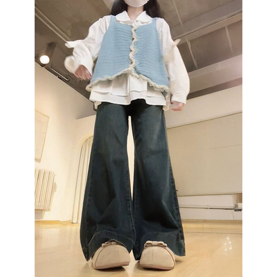 针织吊带开衫+蝴蝶结长袖衬衫