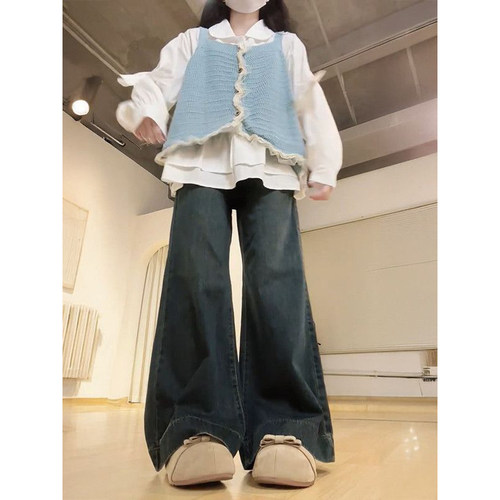 针织吊带开衫+蝴蝶结长袖衬衫