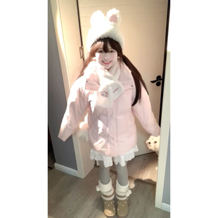 韩系可爱Chic简约粉色连帽棉服女秋冬新款 纯色加厚防风保暖面包服