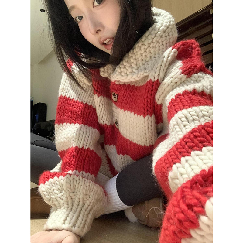 红白条纹粗线毛衣秋冬针织衫外套