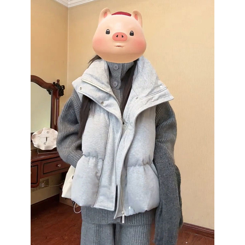 温柔风灰色灯芯绒立领马甲背心棉服内搭针织开衫复古灰色休闲长裤