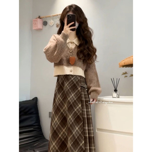 甜美温柔风减龄复古假两件拼接针织开衫 女搭配高腰格纹半身裙套装