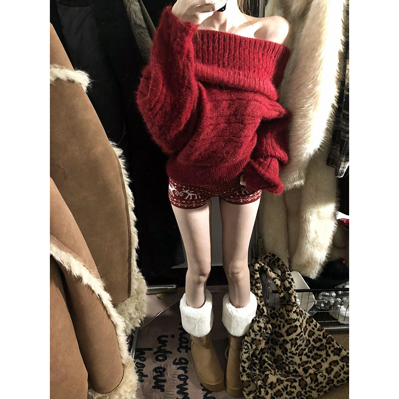 2025秋冬新款圣诞新款设计翻领一字领毛衣针织衫女冬软糯宽松上衣