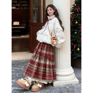 韩系温暖文艺风保暖米白色棉服女学生搭配格纹半身裙冬季 两件套装