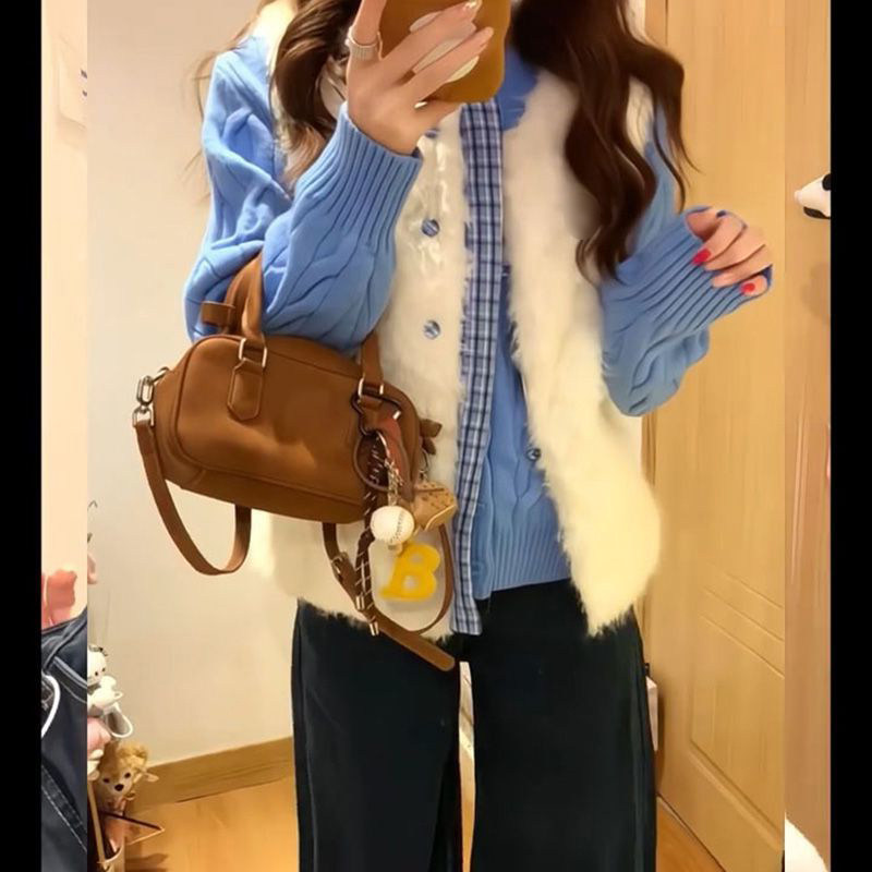 法式氛围感设计蓝格拼接毛毛马甲女冬季克莱因蓝圆领针织麻花毛衣,女装/女士精品,时尚套装,淘宝优惠券,粉丝福利购,淘宝优惠卷