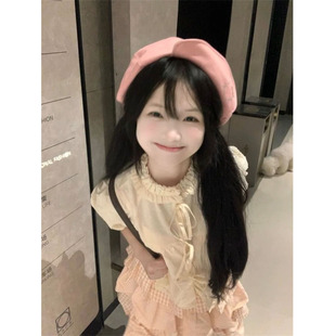 衬衫 甜美少女风穿搭蝴蝶结木耳边杏色短袖 女搭配蛋糕半身裙两件套