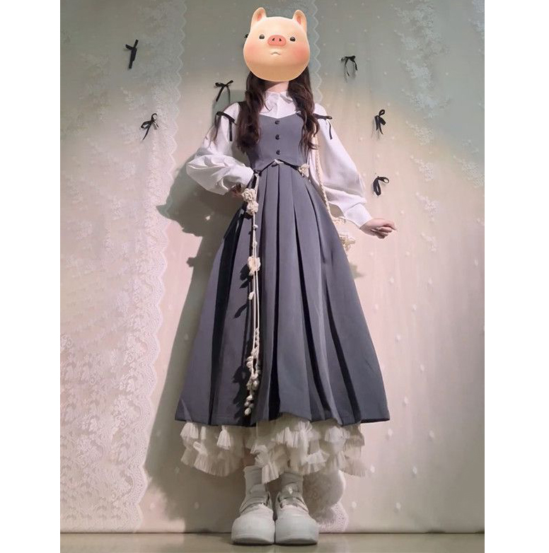 2025秋冬学院风假两件连衣裙女学生新款优雅设计感白色衬衫两件套