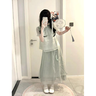夏季 新中式 国风气质盘扣上衣女搭配超仙淑女高腰半身长裙两件套装