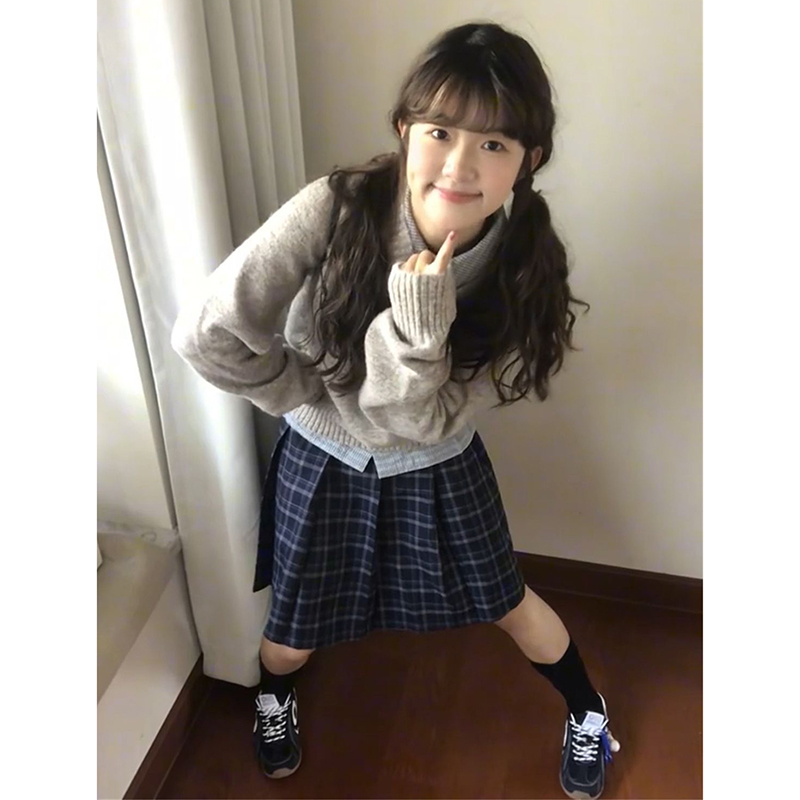 针织衫v领毛衣格纹POLO领衬衫女