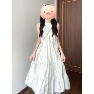 气质收腰显瘦A字裙 夏季 海边度假风无袖 挂脖连衣裙女学生新款 时尚