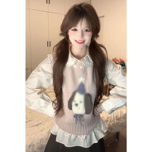 甜妹可爱风卡通小狗提花针织马甲背心女叠穿减龄娃娃领衬衫 两件套