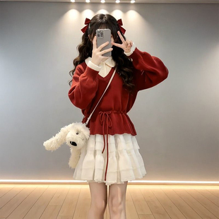 元气少女感红色假两件翻领系带针织毛衣女白色半身短裙两件套装