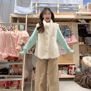 甜美小个子针织麻花毛衣开衫女叠穿毛茸茸保暖立领马甲两件_套装