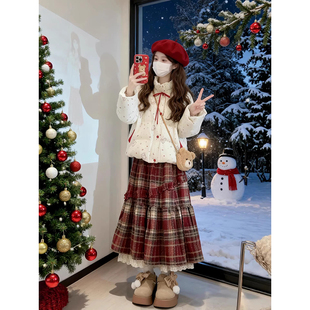 法式 女 搭配一整套保暖立体棉服外套格子半身裙新年战袍圣诞服套装