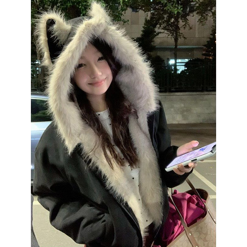 韩系chic甜美毛领座山雕猫耳朵连帽棉衣冬季新款保暖夹克棉服外套