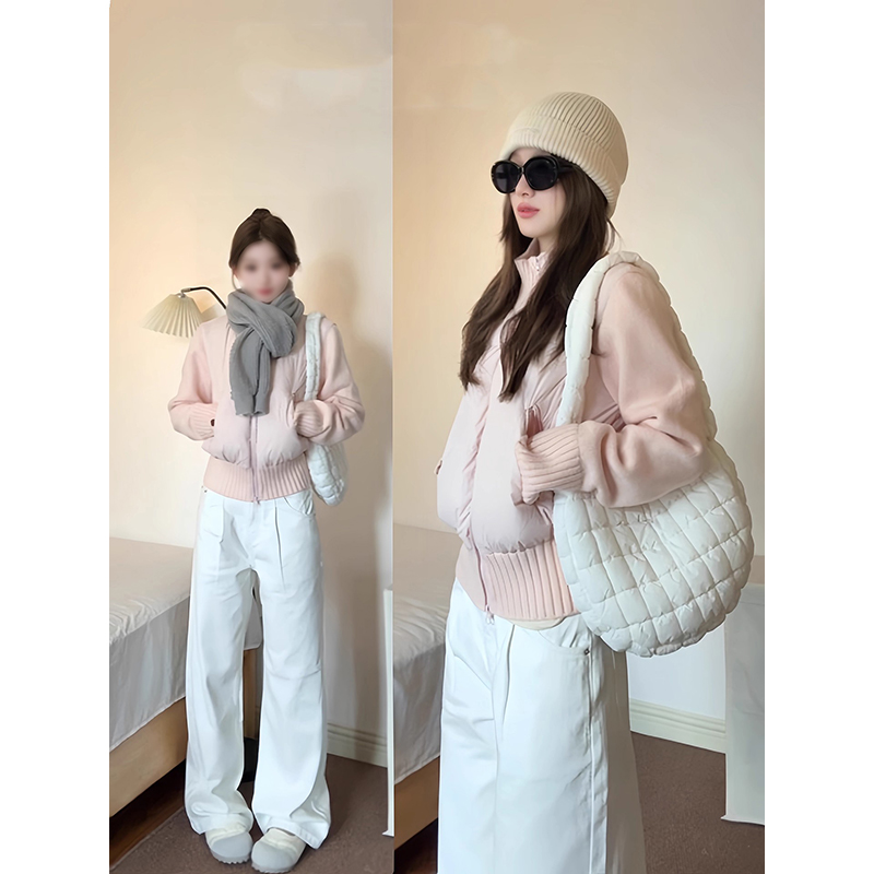 韩系超好看粉色针织袖拼接羽绒棉服女冬季2025新款小个子棉袄外套