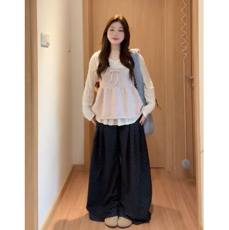 温柔淑女小众ins长袖衬衫上衣秋季搭配针织系带吊带背心女两件套
