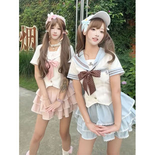 甜美少女风穿搭海军领撞色拼接蝴蝶结衬衫 韩版 女搭配高腰蛋糕短裙