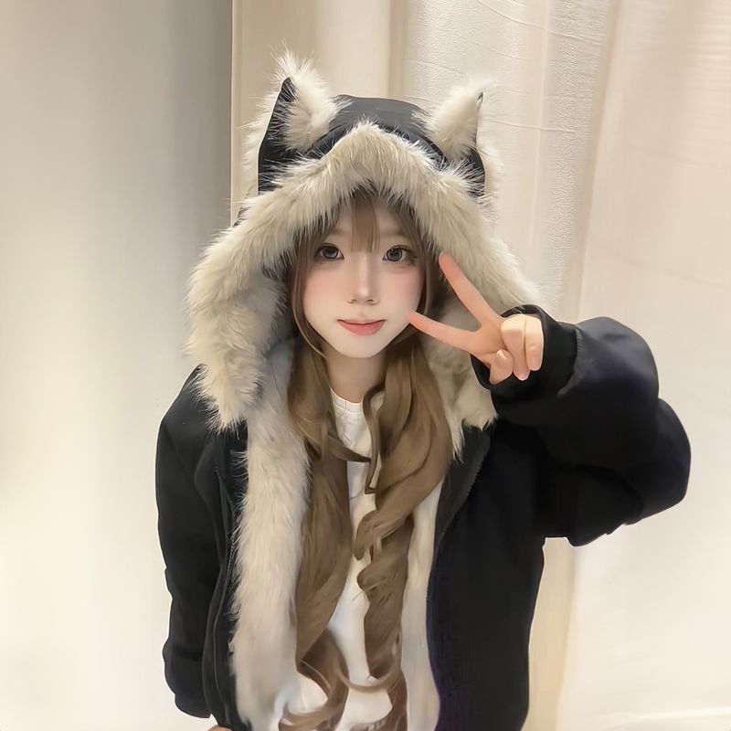 可爱小个子小众ins座山雕毛领连帽外套冬季加厚保暖猫耳朵派克服
