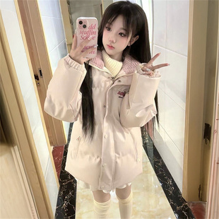 冬季 设计感字母刺绣PU皮衣面包服女学生宽松百搭立领保暖棉衣 新款