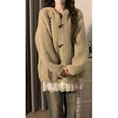 韩系休闲慵懒风穿搭牛角扣兔耳朵连帽开衫 毛衣女叠穿蕾丝拼接吊带