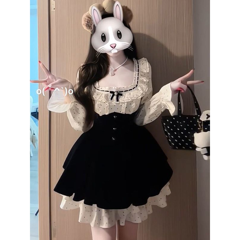 甜美少女风波点假两件方口领连衣裙女春秋款收腰蝴蝶结蓬蓬公主裙,女装/女士精品,连衣裙,淘宝优惠券,粉丝福利购,淘宝优惠卷