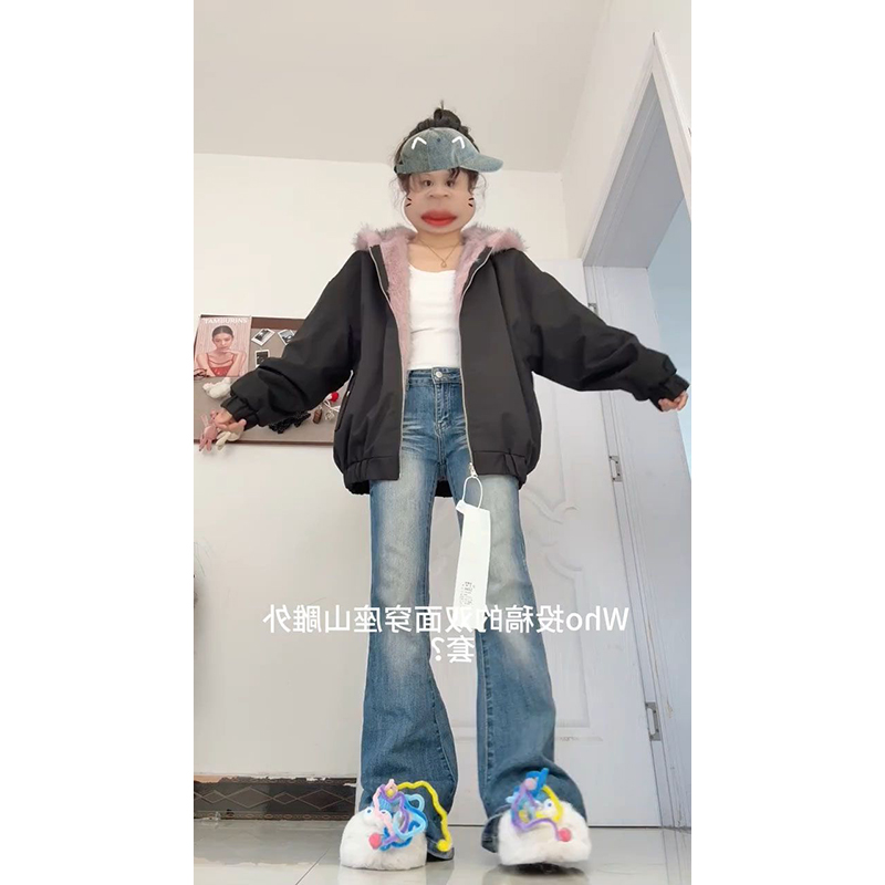 复古双面穿座山雕连帽棉服外套女