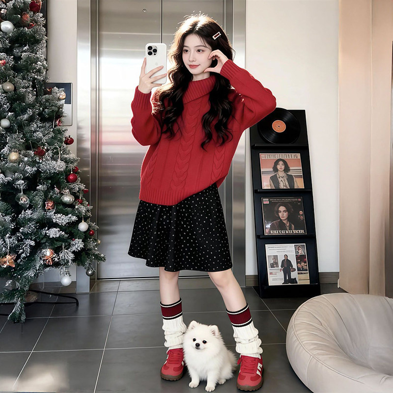 多巴胺新年圣诞红高领麻花针织软糯套头毛衣+松紧腰显瘦碎花短裙