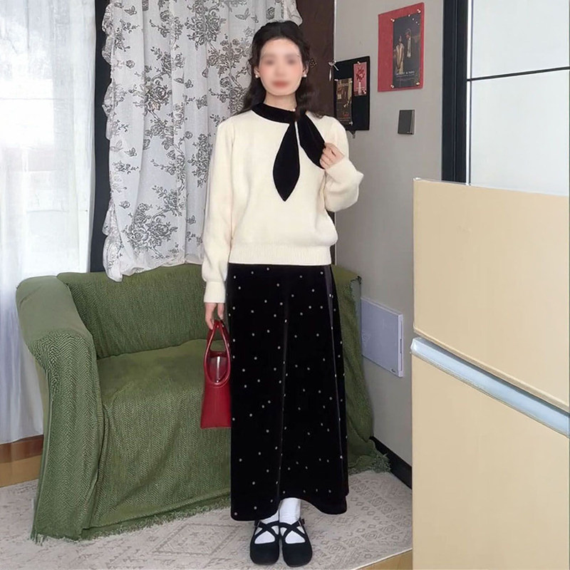 轻奢小香风气质假两件兔耳朵针织毛衣+高腰黑色波点半身裙两件套,女装/女士精品,时尚套装,淘宝优惠券,粉丝福利购,淘宝优惠卷