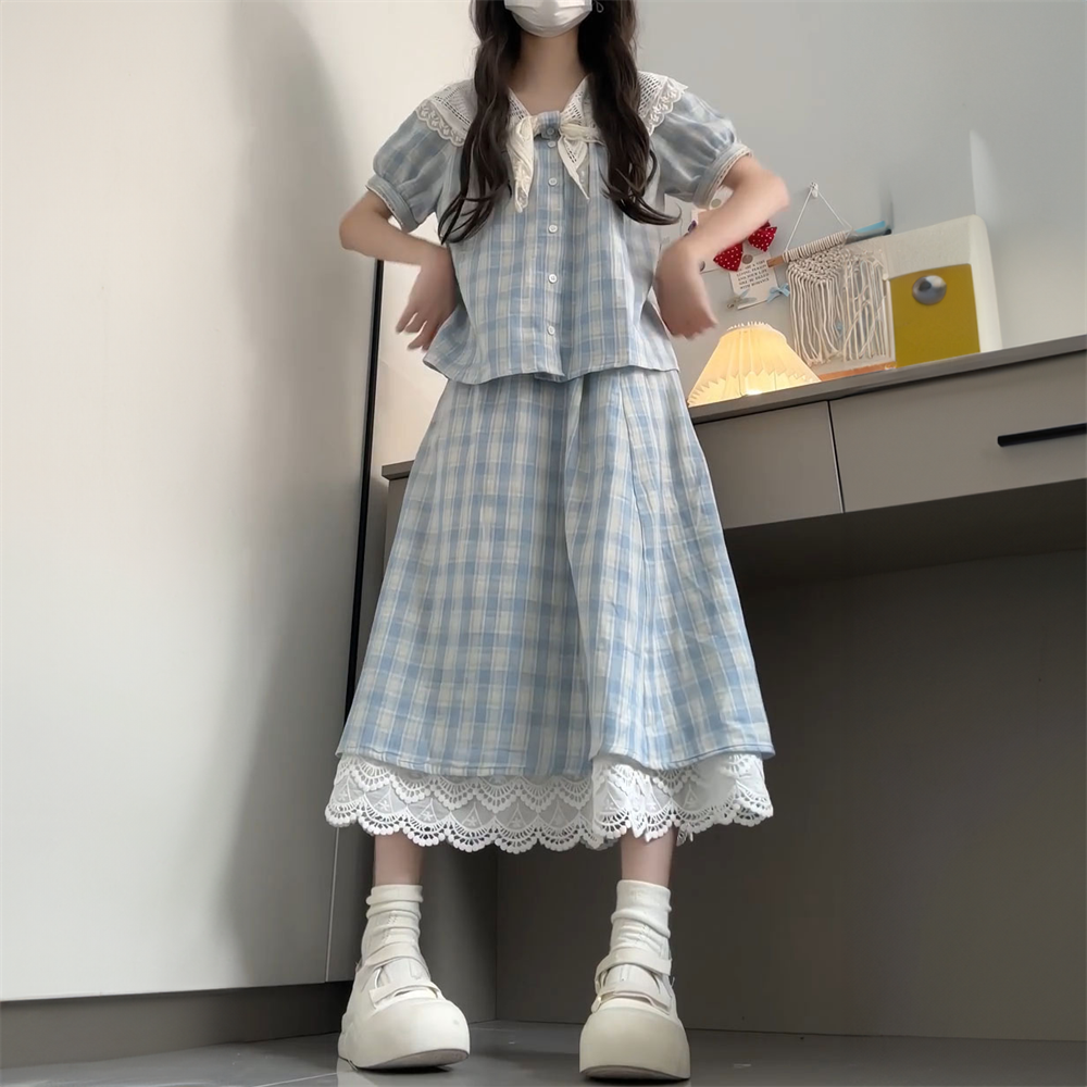 夏季新款甜美小个子蓝格纹花边领衬衫+高腰蕾丝边半身裙时尚套装