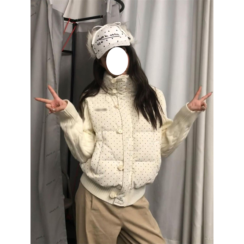 甜酷时尚风麻花针织拼接波点印花棉服外套女冬季立领保暖加厚棉袄