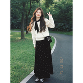 黑色波点长裙两件套装 冬日时尚 温柔甜美穿搭杏色假两件针织毛衣