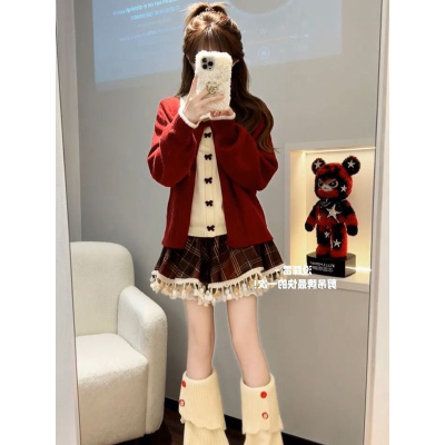 复古小个子时髦新年红色圣诞假两件外套毛衣女冬季流苏边格纹短裙