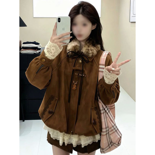 美拉德秋冬穿搭一整套可拆卸毛领夹棉花苞棉服外套女蕾丝花边衬衫