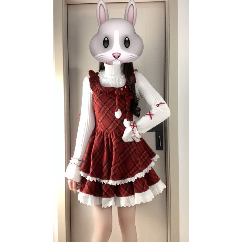 2026喜庆新年红色格纹花边连衣裙女小个子高领百搭长袖打底衫套装,女装/女士精品,时尚套装,淘宝优惠券,粉丝福利购,淘宝优惠卷