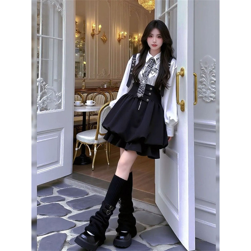 小众时尚学院风高腰花苞连衣裙女百搭白色印花衬衫送领带两件套装,女装/女士精品,时尚套装,淘宝优惠券,粉丝福利购,淘宝优惠卷