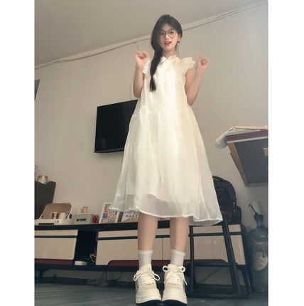 2025夏季新款甜美可爱少女感小飞袖杏色连衣裙女宽松显瘦初恋长裙