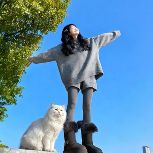 针织短裤 圆领套头毛衣女 穿搭一整套宽松休闲灰色时尚 韩系秋冬款