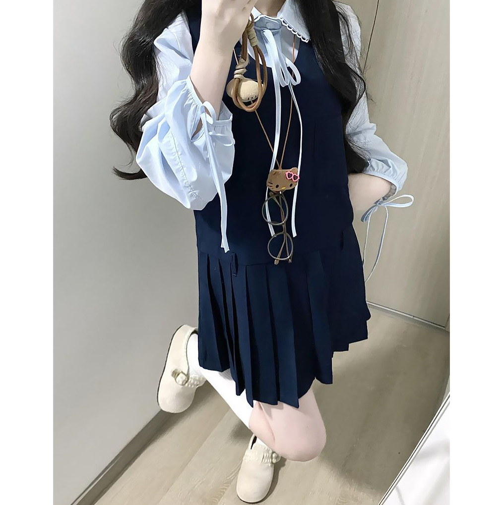 法式减龄校园风藏青色百褶背心裙女学生女+蓝色长袖系带衬衫套装