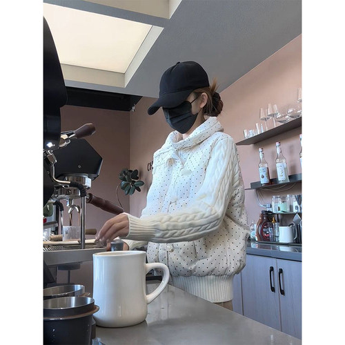 甜美百搭杏色波点拼接针织棉服保暖立领氛围感设计冬季小个子棉衣