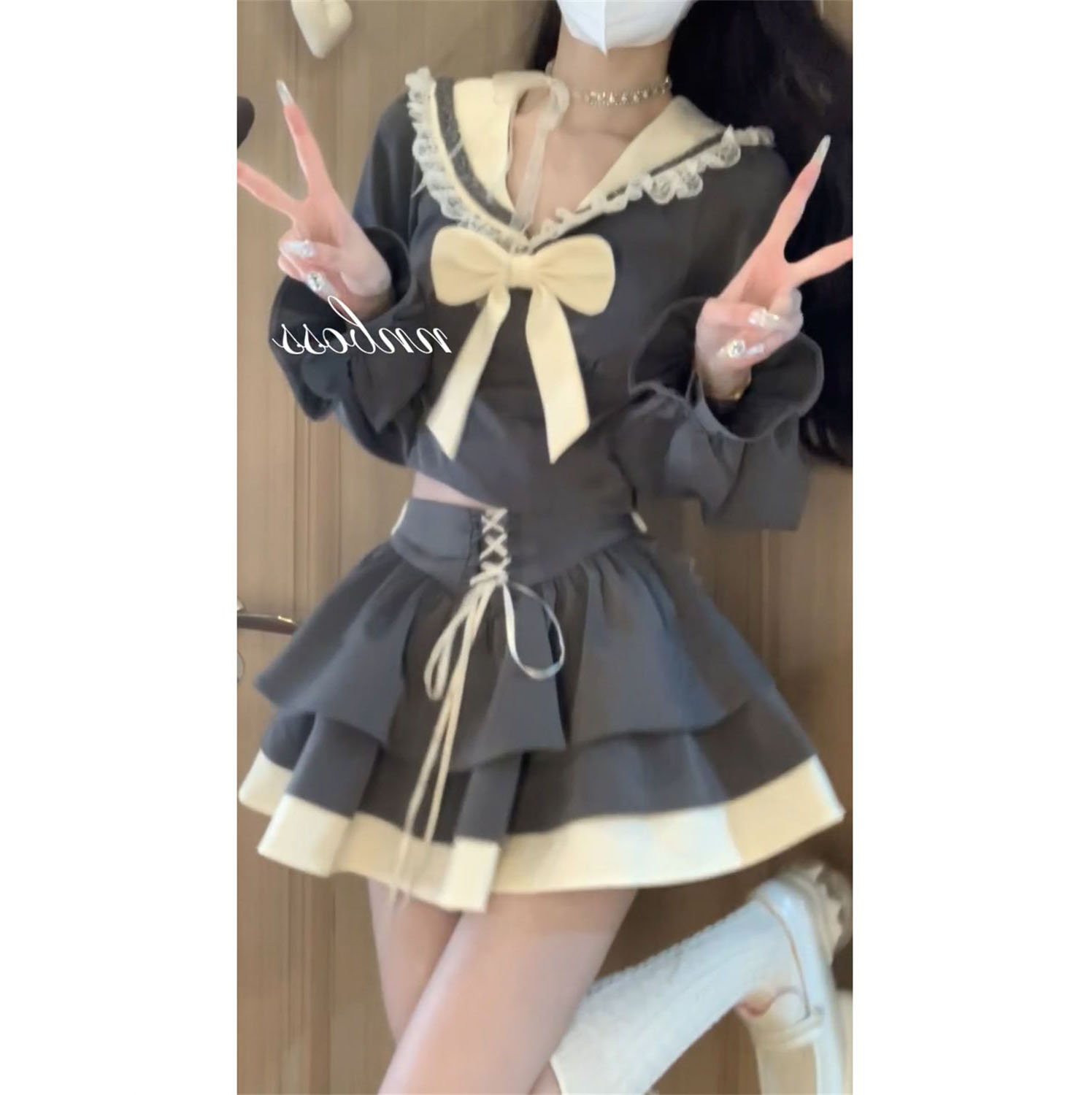 2025春季新款日系学院风蝴蝶结海军领上衣+绑带拼接半身裙学生女