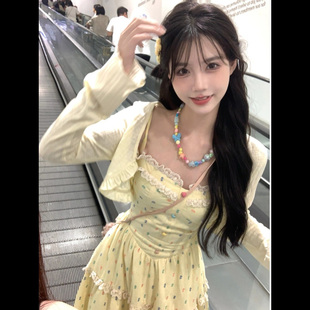 两件套装 防晒披肩开衫 温柔风糖果甜心蕾丝拼接吊带连衣裙女 法式