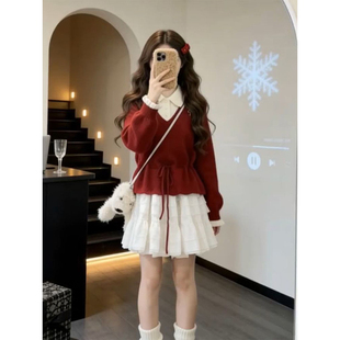 简约百搭风百搭白色半身裙女学生+春季假两件新年红毛衣两件套装