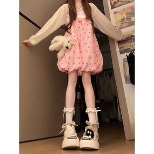 搭配卡通印花长袖 韩系甜美温柔风穿搭蝴蝶结印花背带裤 上衣两件套